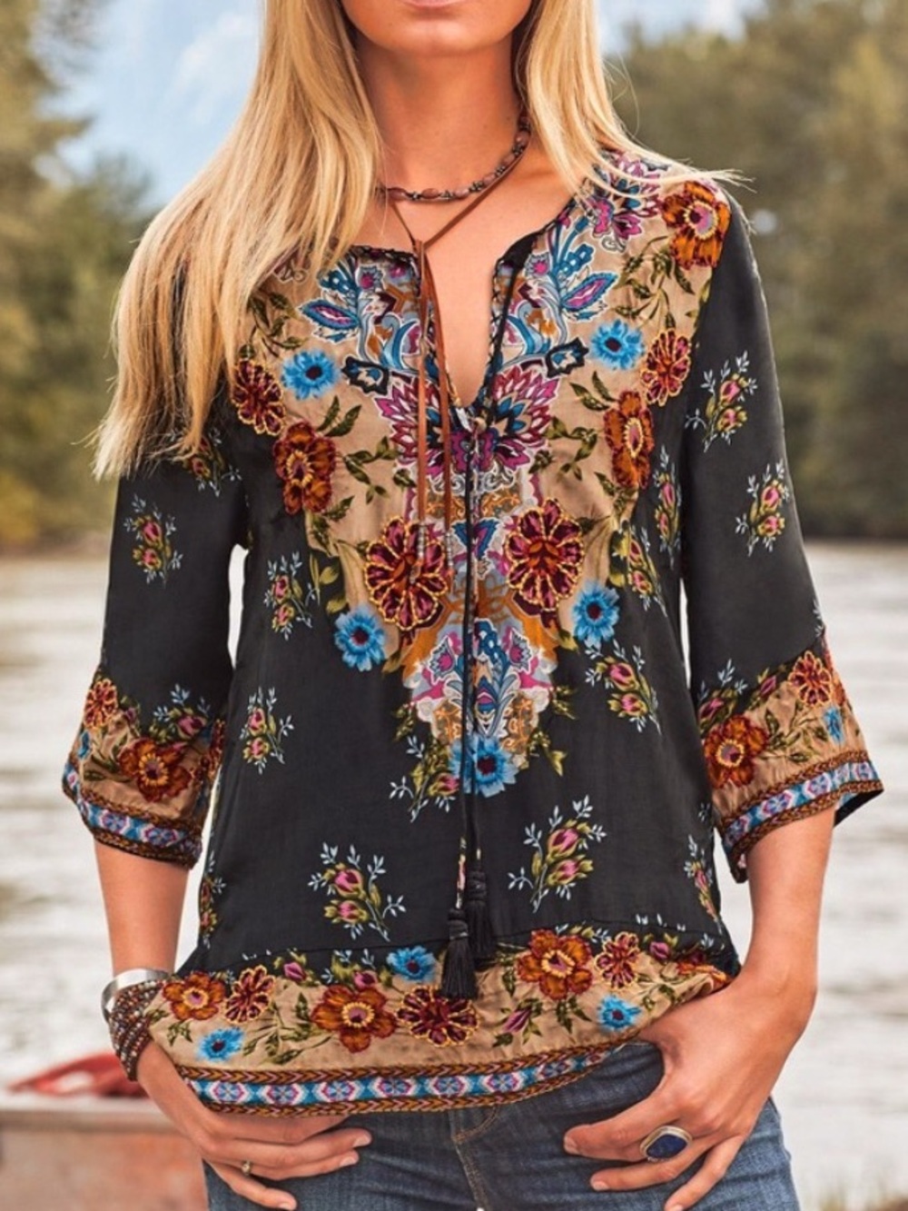 Sundance Tolani Vegan Silk Cupro Floral Embroidered Boho Blouse Top Small
